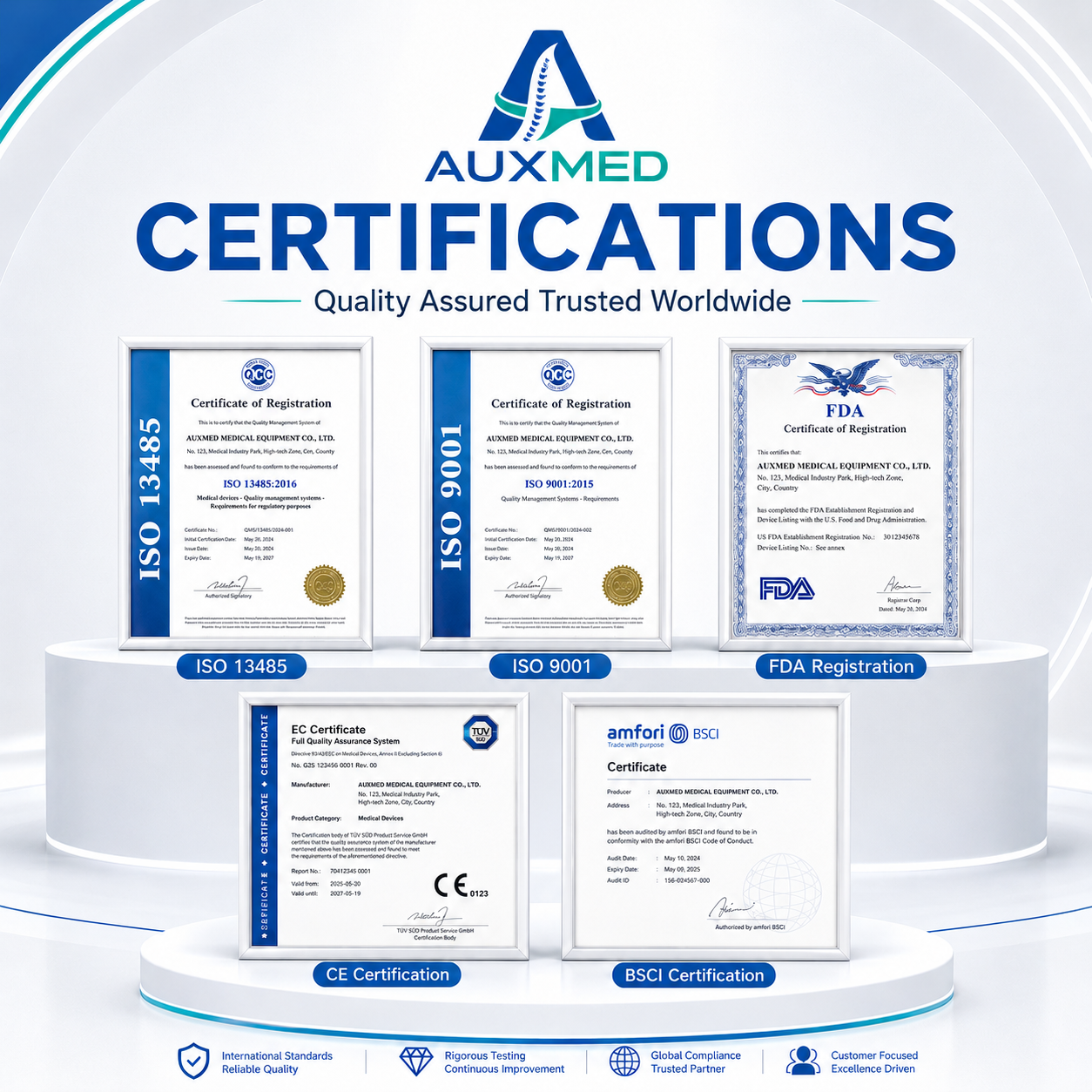 AUXMED quality certifications including ISO, FDA, CE and BSCI